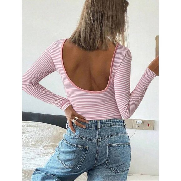 Striped long sleeve tee low scoop back white pink - Picture 1 of 6